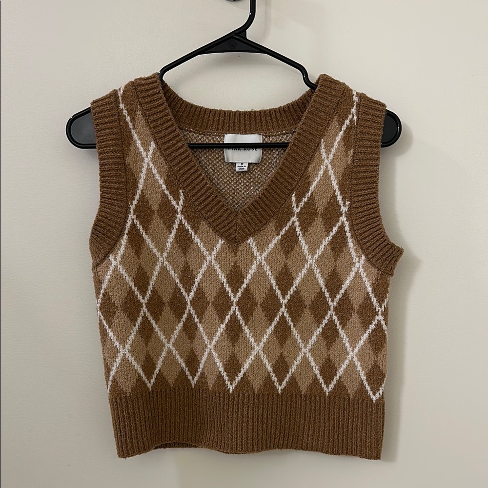 Pink Rose Brown and White V-Neck Sweater